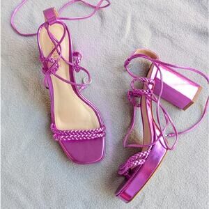 New Schutz Lunah Low Block Heel with Purple Metallic Tie Sandals, size 7.5B